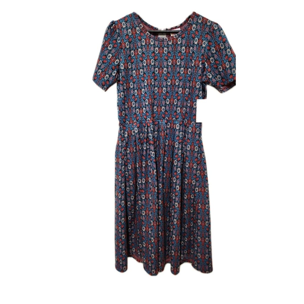 LuLaRoe Amelia Dress Blue Multicolor Large with Pockets - Picture 8 of 8